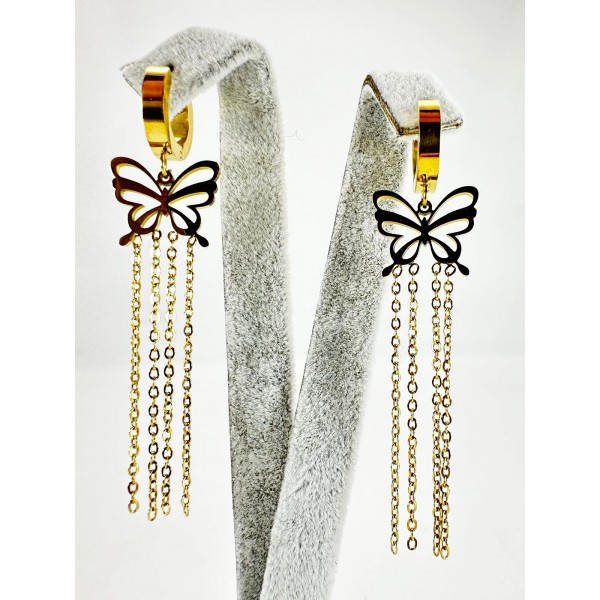 Gold Kelebek Detaylı Zincirli Küpe